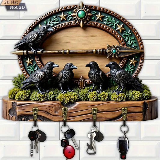 2D Gothic Crows Black Raven Wooden Key Holder 4 Metal Hooks - Witchy Wood Key Rack-MoonChildWorld