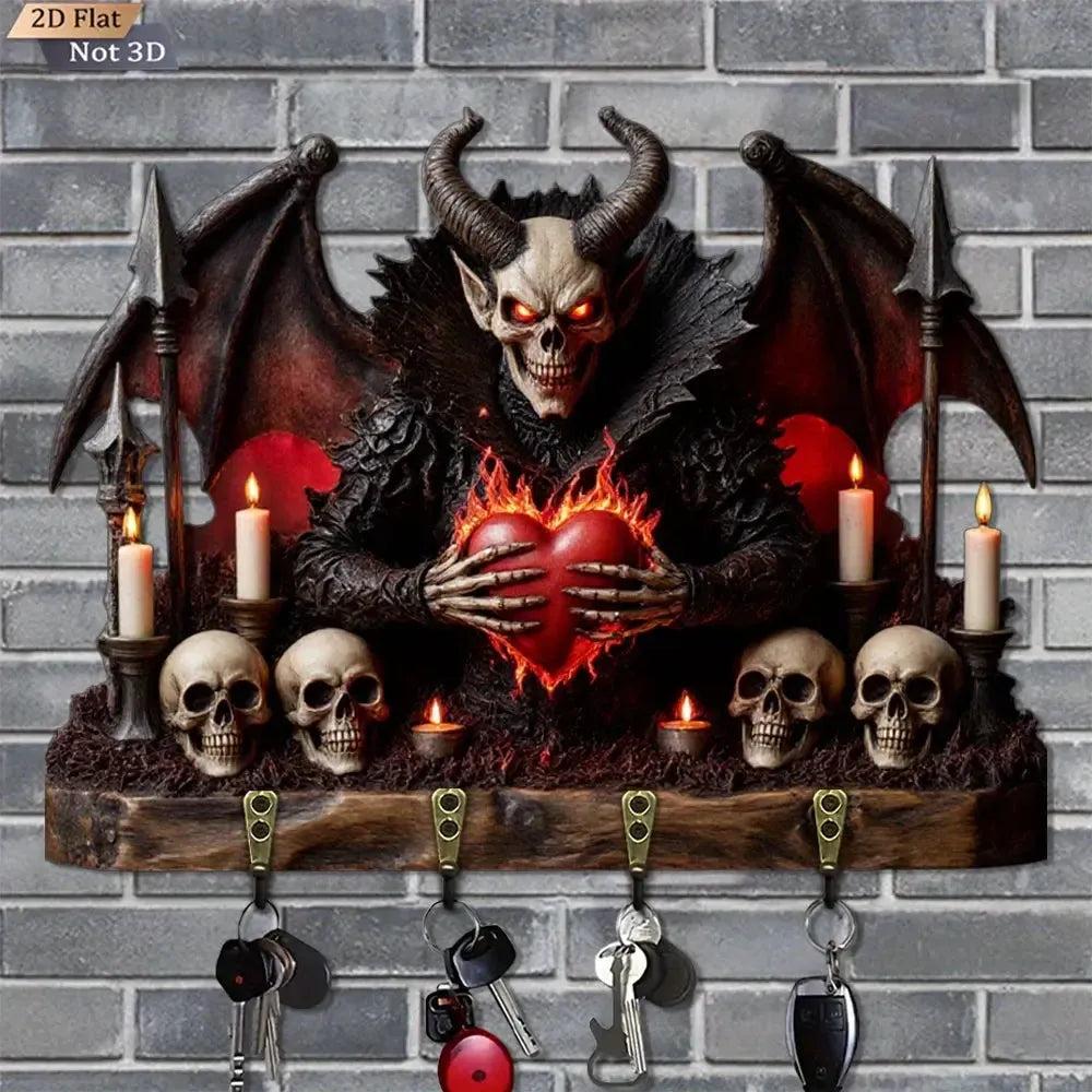 2D Gothic Devil Skulls Key Holder 4 Metal Hooks - Dark Aesthetic Wood Key Rack-MoonChildWorld