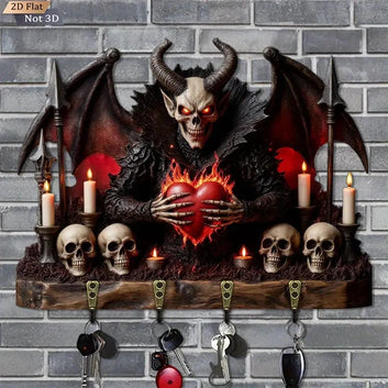 2D Gothic Devil Skulls Key Holder 4 Metal Hooks - Dark Aesthetic Wood Key Rack-MoonChildWorld