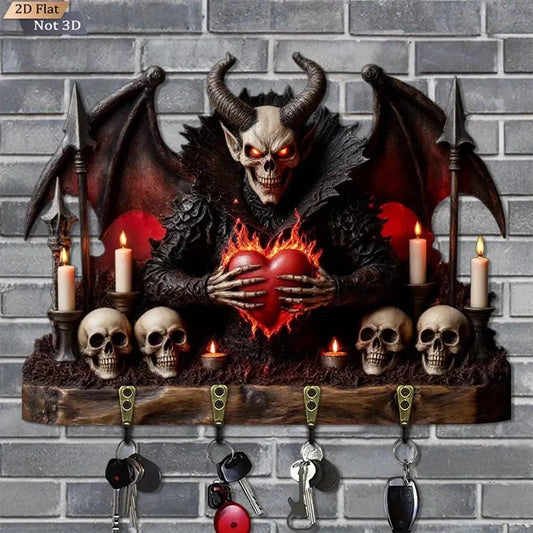 2D Gothic Devil Skulls Key Holder 4 Metal Hooks - Dark Aesthetic Wood Key Rack-MoonChildWorld
