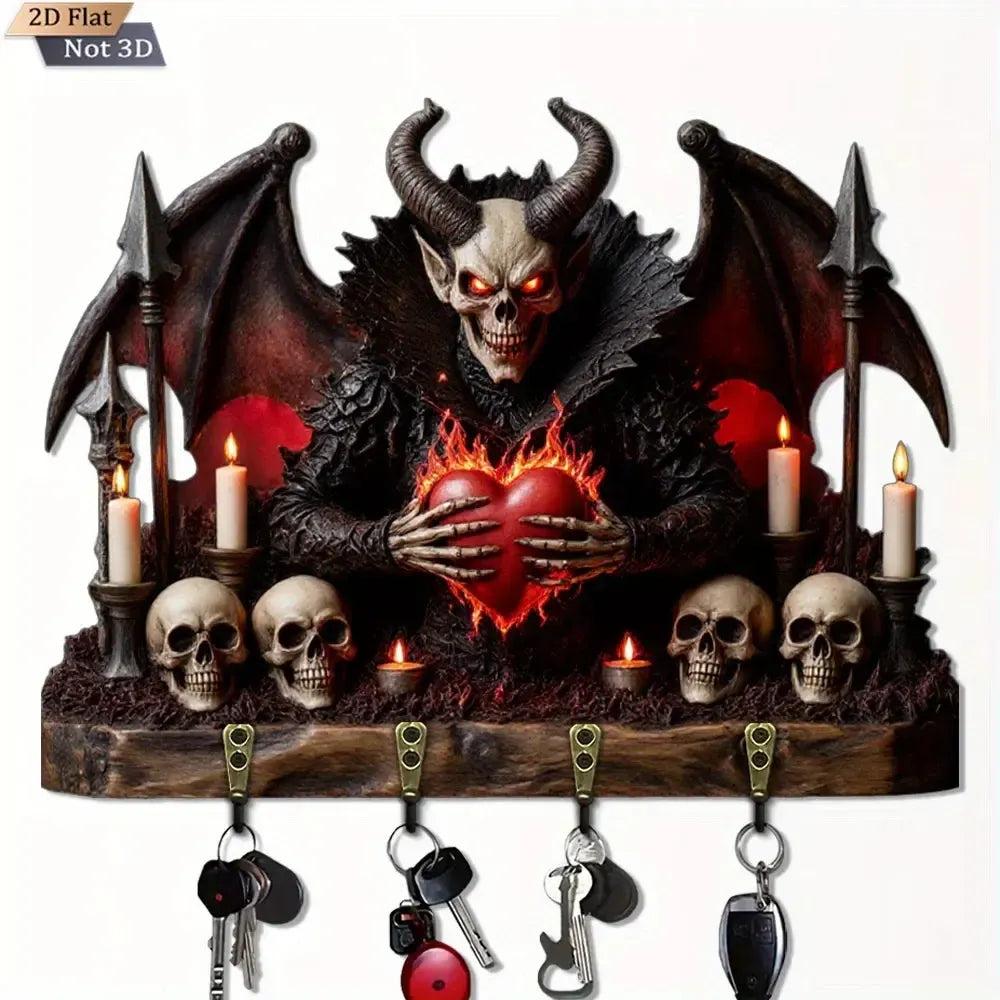 2D Gothic Devil Skulls Key Holder 4 Metal Hooks - Dark Aesthetic Wood Key Rack-MoonChildWorld