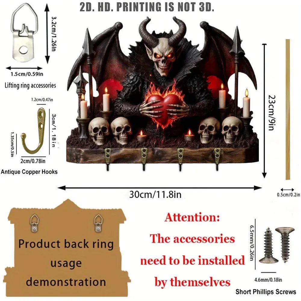 2D Gothic Devil Skulls Key Holder 4 Metal Hooks - Dark Aesthetic Wood Key Rack-MoonChildWorld