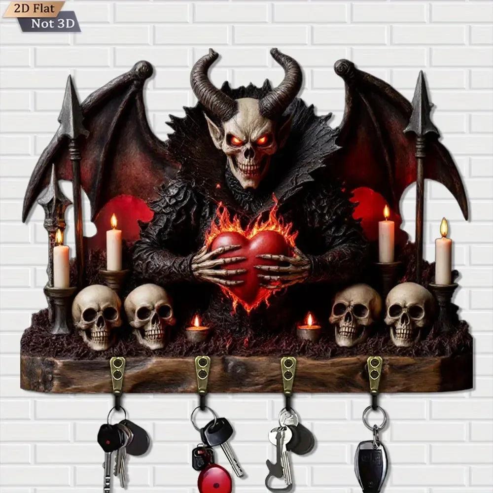 2D Gothic Devil Skulls Key Holder 4 Metal Hooks - Dark Aesthetic Wood Key Rack-MoonChildWorld