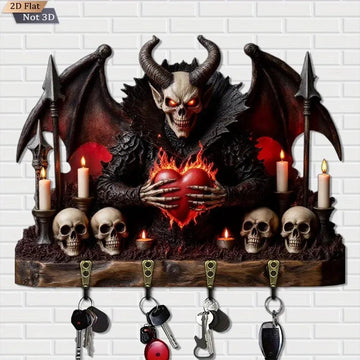 2D Gothic Devil Skulls Key Holder 4 Metal Hooks - Dark Aesthetic Wood Key Rack-MoonChildWorld