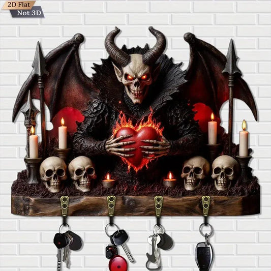 2D Gothic Devil Skulls Key Holder 4 Metal Hooks - Dark Aesthetic Wood Key Rack-MoonChildWorld