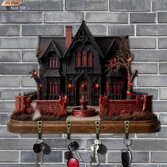 2D Gothic Haunted House Key Holder 4 Metal Hooks - Halloween Witchy Wood Key Rack-MoonChildWorld