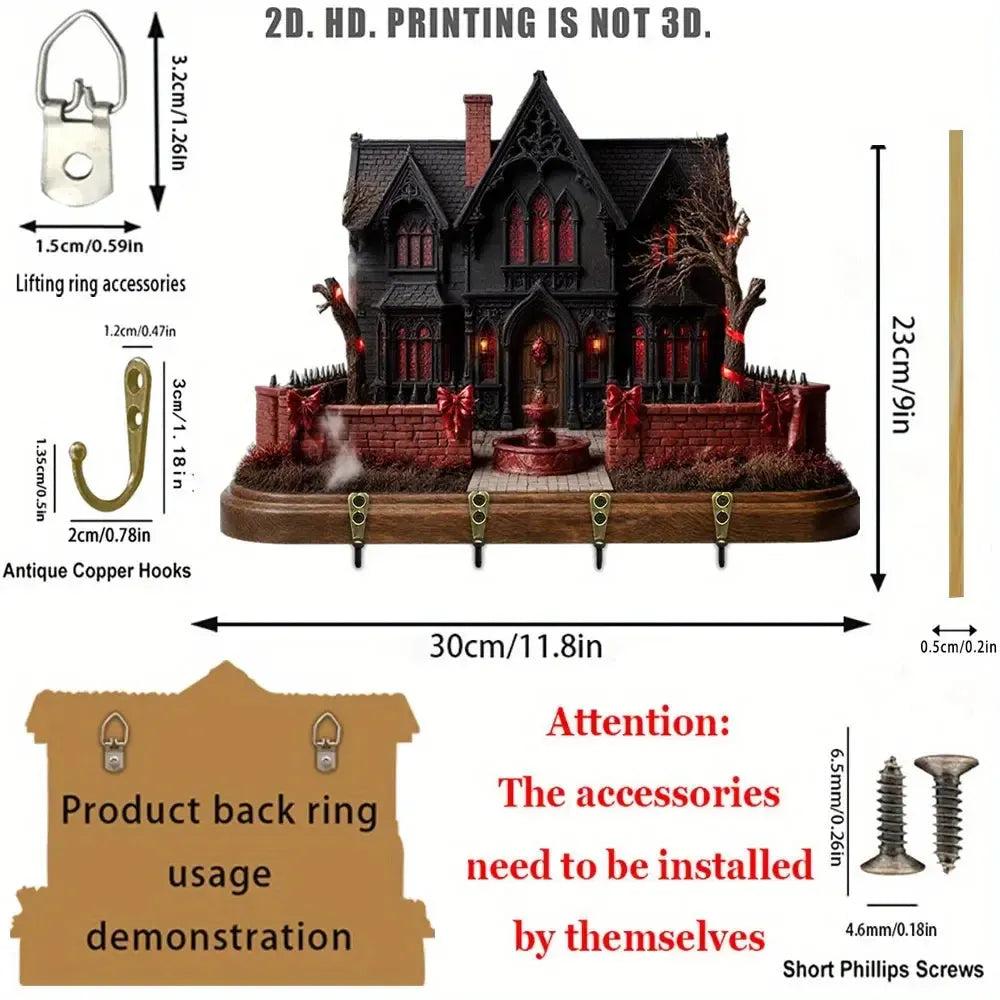 2D Gothic Haunted House Key Holder 4 Metal Hooks - Halloween Witchy Wood Key Rack-MoonChildWorld