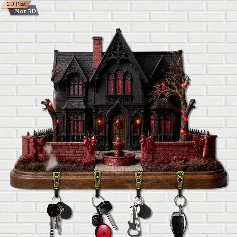 2D Gothic Haunted House Key Holder 4 Metal Hooks - Halloween Witchy Wo