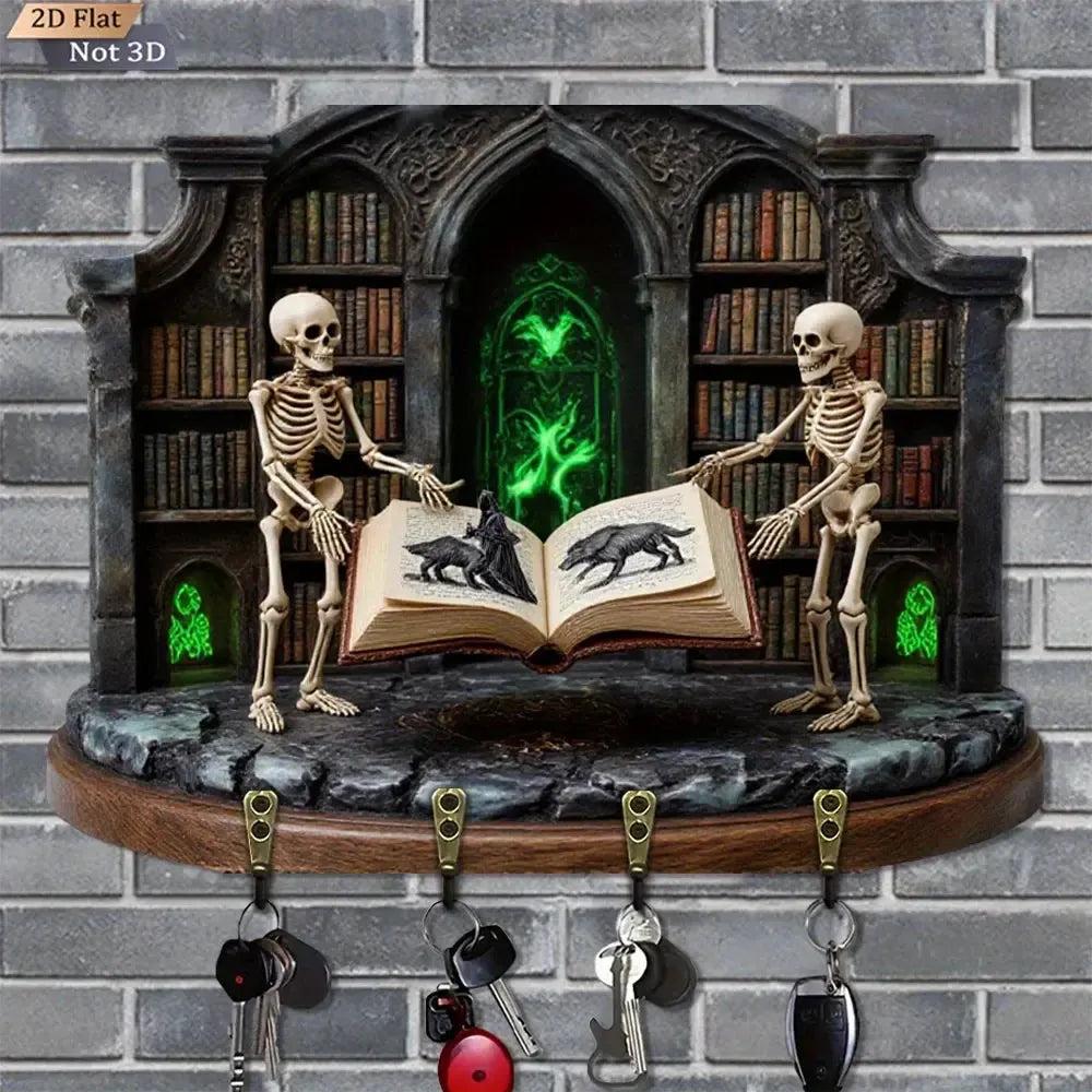 2D Gothic Medieval-Style Wooden Key Holder with 4 Metal Hooks - Spooky Skeletons Witchy Key Rack-MoonChildWorld