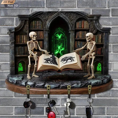 2D Gothic Medieval-Style Wooden Key Holder with 4 Metal Hooks - Spooky Skeletons Witchy Key Rack-MoonChildWorld
