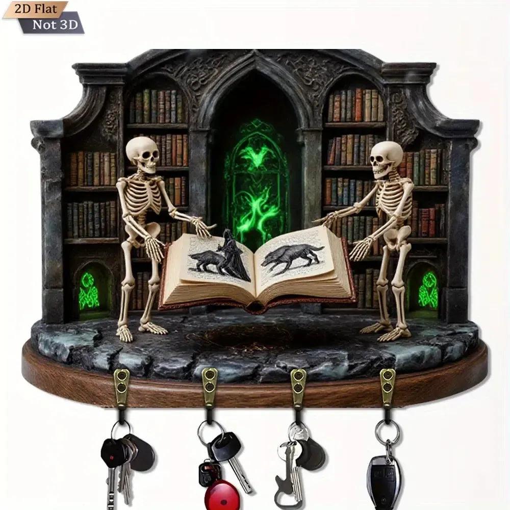 2D Gothic Medieval-Style Wooden Key Holder with 4 Metal Hooks - Spooky Skeletons Witchy Key Rack-MoonChildWorld