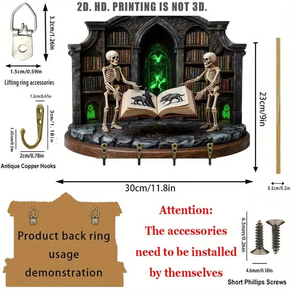 2D Gothic Medieval-Style Wooden Key Holder with 4 Metal Hooks - Spooky Skeletons Witchy Key Rack-MoonChildWorld