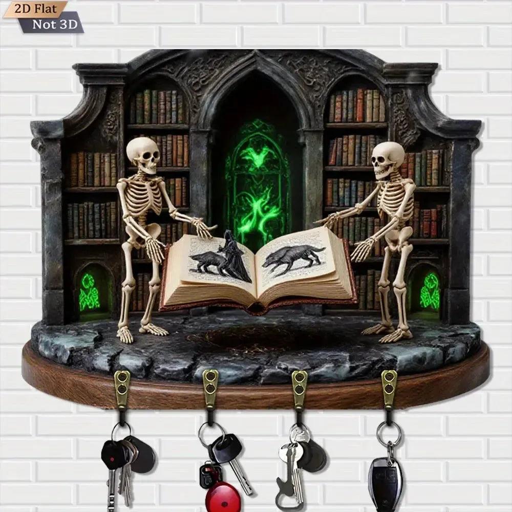 2D Gothic Medieval-Style Wooden Key Holder with 4 Metal Hooks - Spooky Skeletons Witchy Key Rack-MoonChildWorld