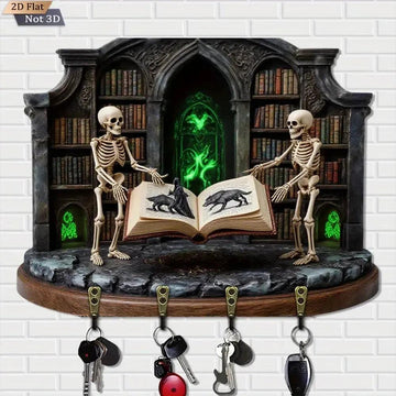 2D Gothic Medieval-Style Wooden Key Holder with 4 Metal Hooks - Spooky Skeletons Witchy Key Rack-MoonChildWorld