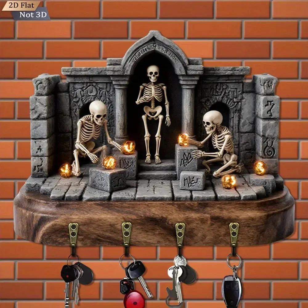 2D Gothic Skeleton Wooden Key Holder with 4 Metal Hooks - Witchy Wood Key Rack-MoonChildWorld