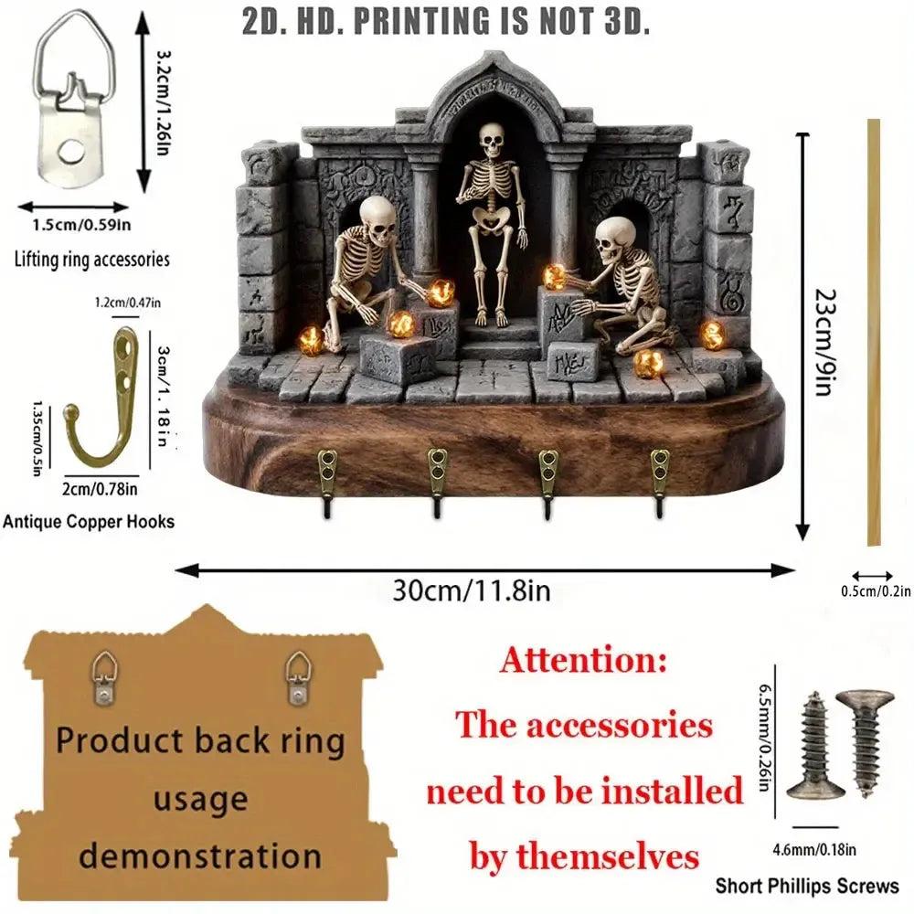 2D Gothic Skeleton Wooden Key Holder with 4 Metal Hooks - Witchy Wood Key Rack-MoonChildWorld
