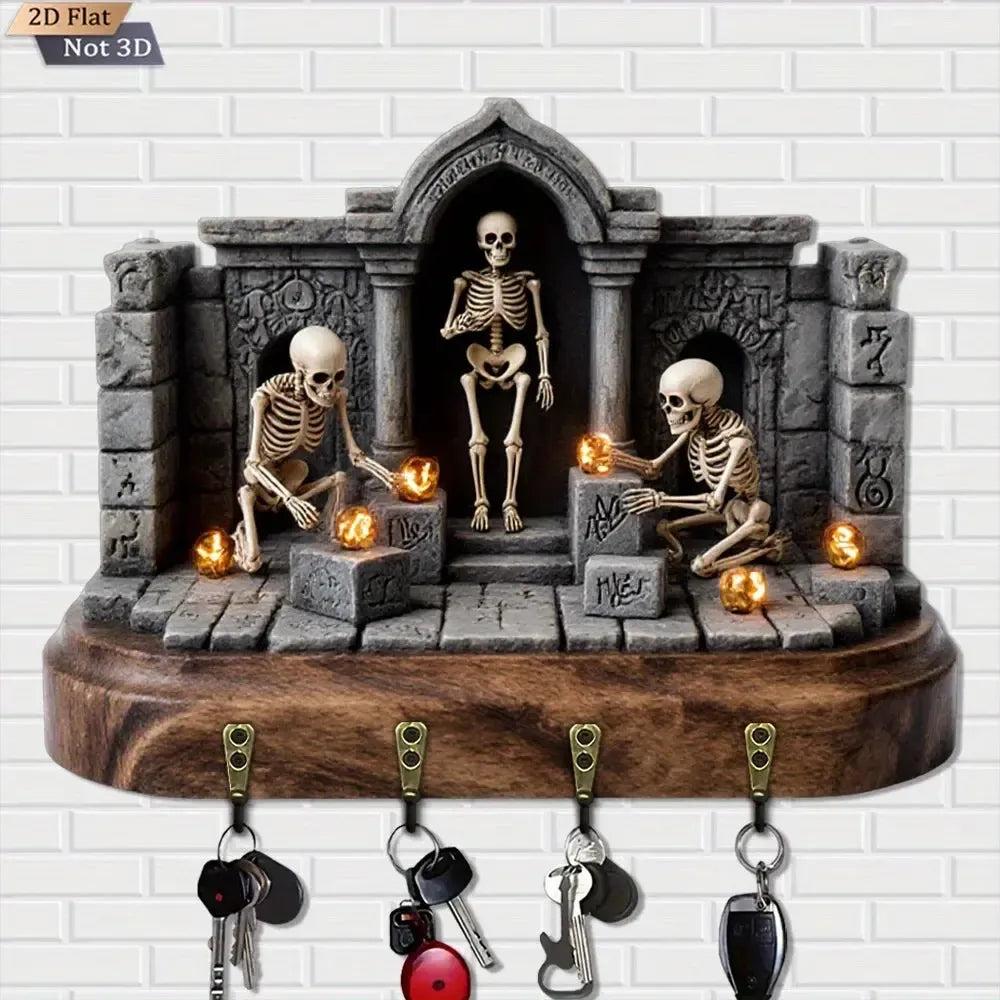 2D Gothic Skeleton Wooden Key Holder with 4 Metal Hooks - Witchy Wood Key Rack-MoonChildWorld