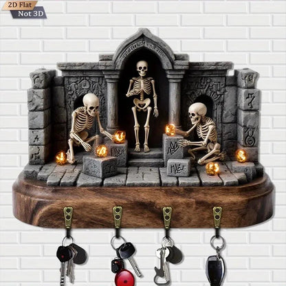 2D Gothic Skeleton Wooden Key Holder with 4 Metal Hooks - Witchy Wood Key Rack-MoonChildWorld