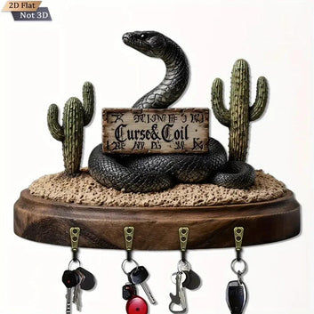 2D Gothic Snake Wooden Key Holder with Four Metal Hooks-MoonChildWorld