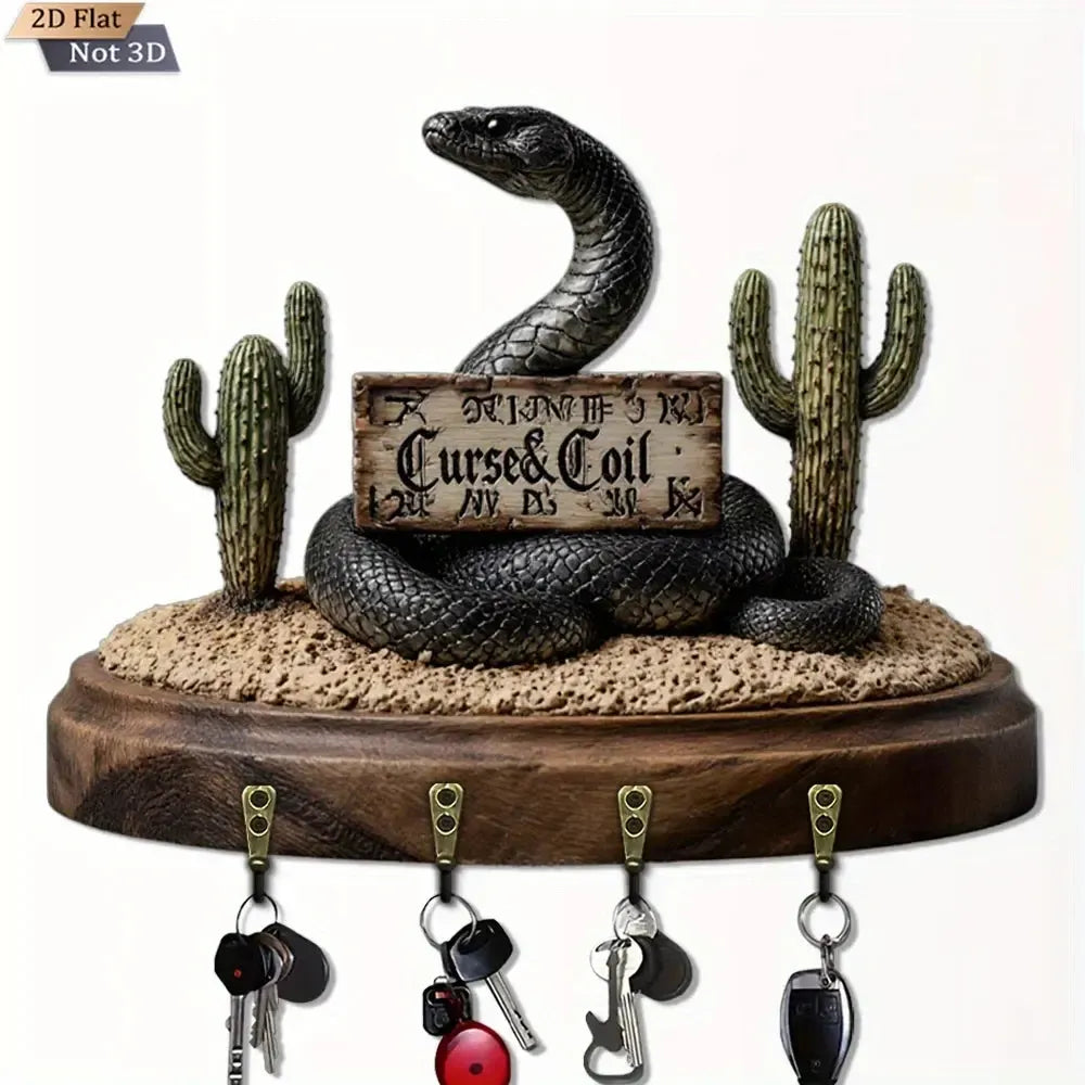 2D Gothic Snake Wooden Key Holder with Four Metal Hooks-MoonChildWorld