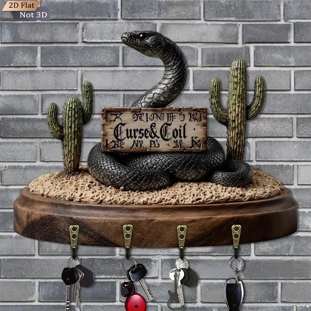 2D Gothic Snake Wooden Key Holder with Four Metal Hooks-MoonChildWorld