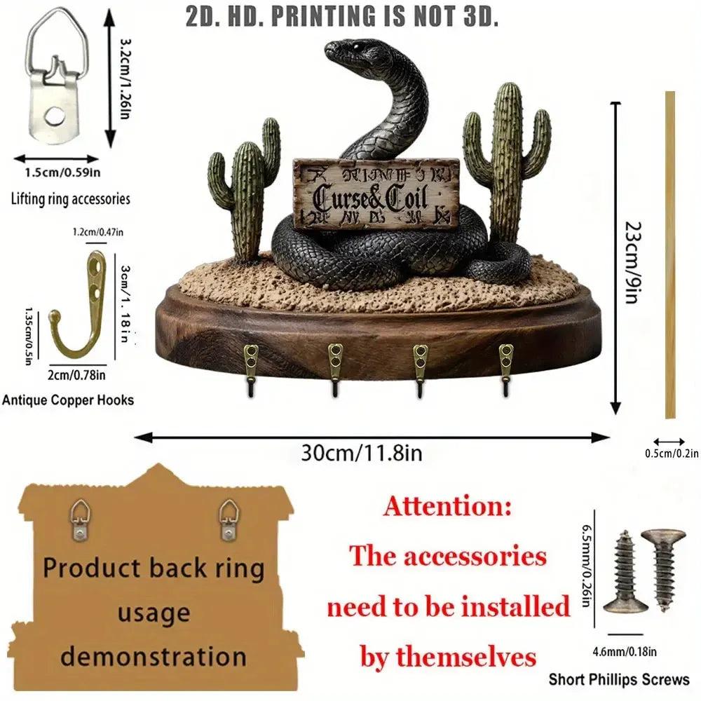 2D Gothic Snake Wooden Key Holder with Four Metal Hooks-MoonChildWorld