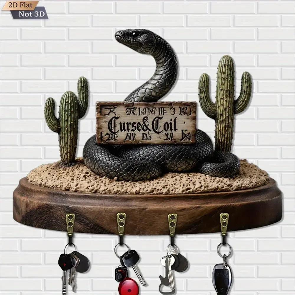 2D Gothic Snake Wooden Key Holder with Four Metal Hooks-MoonChildWorld