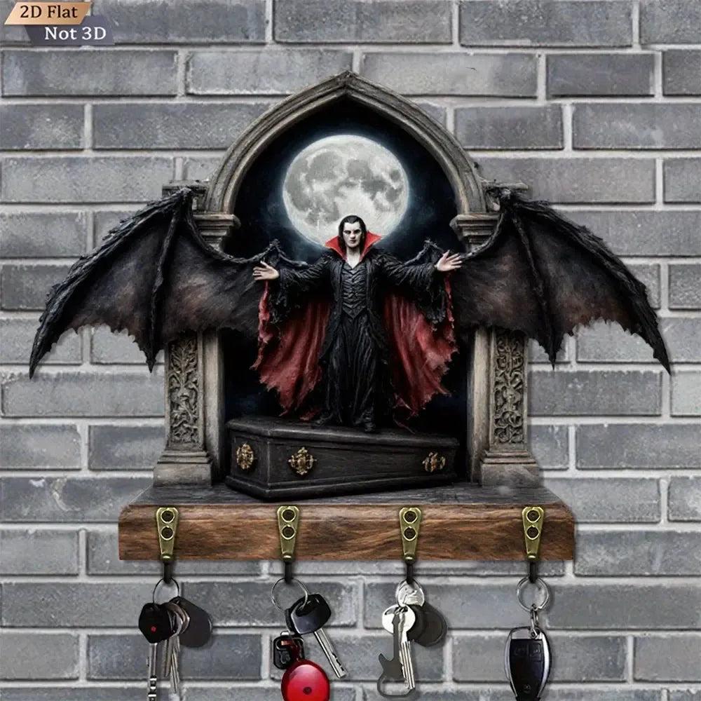 2D Gothic Vampire Dracula Key Holder 4 Metal Hooks - Dark Aesthetic Wood Key Rack-MoonChildWorld