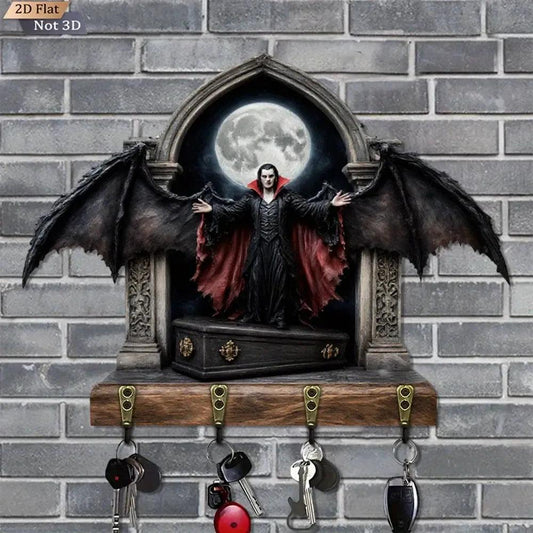 2D Gothic Vampire Dracula Key Holder 4 Metal Hooks - Dark Aesthetic Wood Key Rack-MoonChildWorld