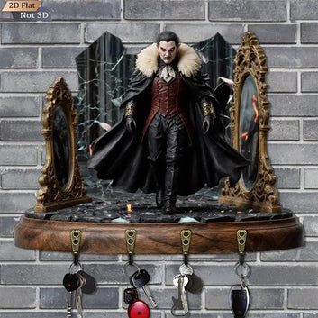 2D Gothic Vampire Dracula Key Holder 4 Metal Hooks - Dark Aesthetic Wood Key Rack-MoonChildWorld