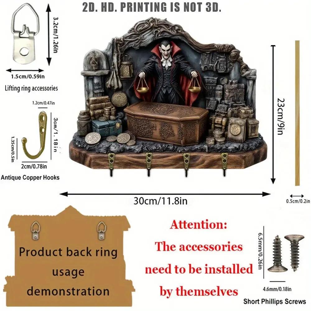 2D Gothic Vampire Dracula Key Holder 4 Metal Hooks - Dark Aesthetic Wood Key Rack-MoonChildWorld