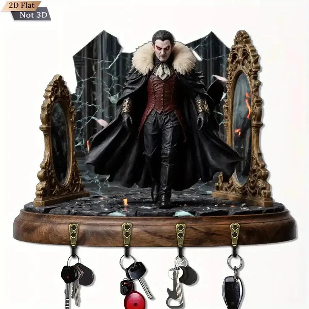 2D Gothic Vampire Dracula Key Holder 4 Metal Hooks - Dark Aesthetic Wood Key Rack-MoonChildWorld