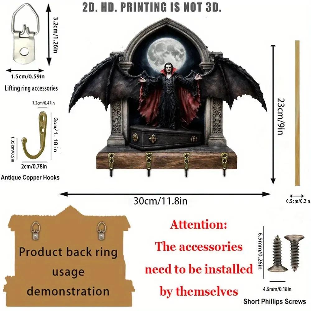 2D Gothic Vampire Dracula Key Holder 4 Metal Hooks - Dark Aesthetic Wood Key Rack-MoonChildWorld