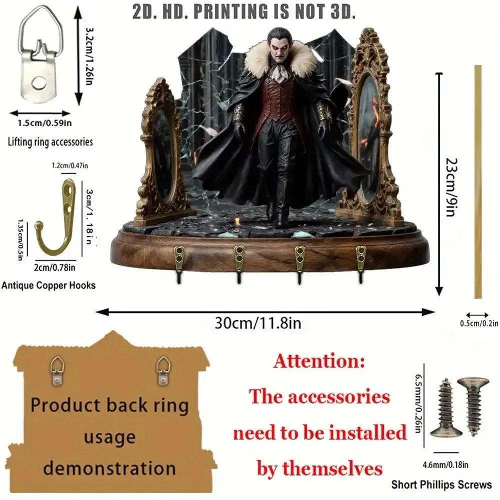 2D Gothic Vampire Dracula Key Holder 4 Metal Hooks - Dark Aesthetic Wood Key Rack-MoonChildWorld