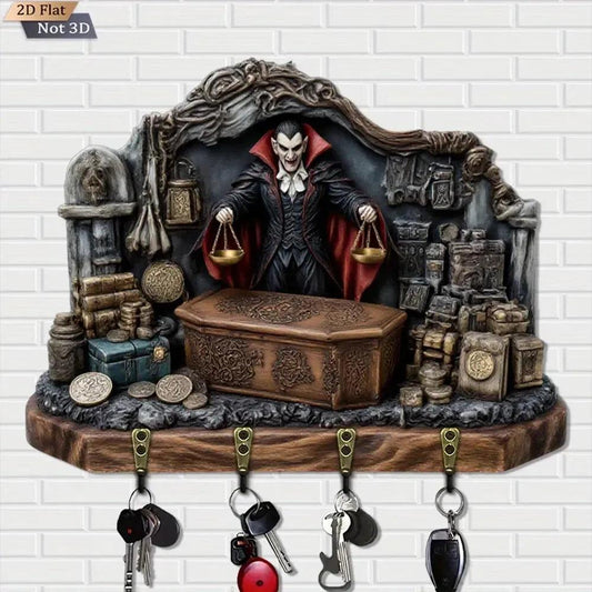 2D Gothic Vampire Dracula Key Holder 4 Metal Hooks - Dark Aesthetic Wood Key Rack-MoonChildWorld