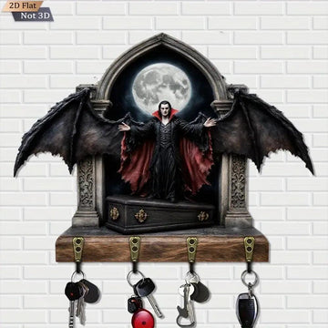 2D Gothic Vampire Dracula Key Holder 4 Metal Hooks - Dark Aesthetic Wood Key Rack-MoonChildWorld