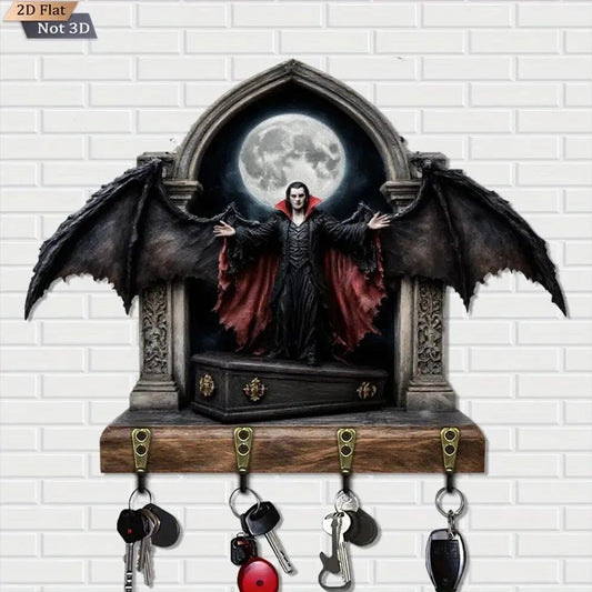 2D Gothic Vampire Dracula Key Holder 4 Metal Hooks - Dark Aesthetic Wood Key Rack-MoonChildWorld