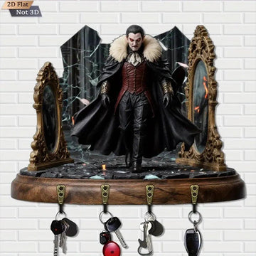 2D Gothic Vampire Dracula Key Holder 4 Metal Hooks - Dark Aesthetic Wood Key Rack-MoonChildWorld