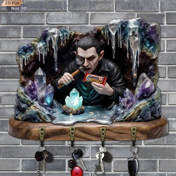 2D Gothic Vampire Dracula Key Holder 4 Metal Hooks - Halloween Wood Key Rack-MoonChildWorld