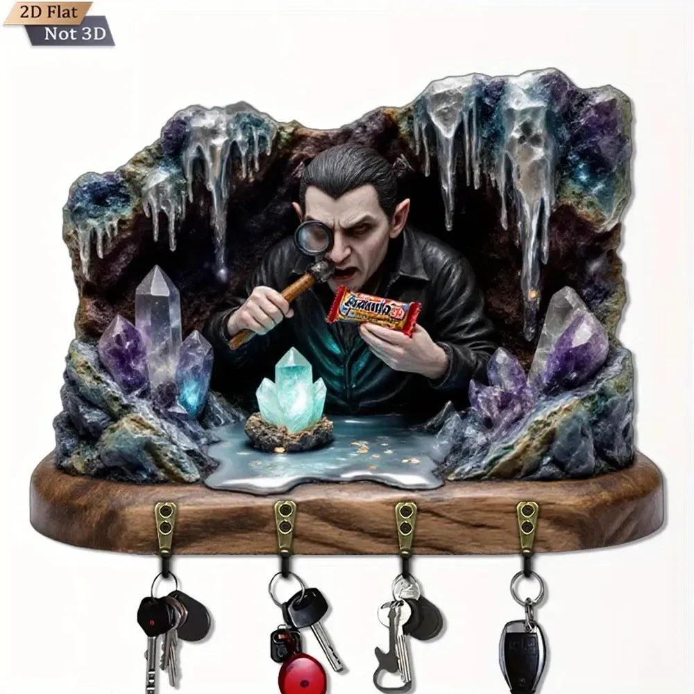 2D Gothic Vampire Dracula Key Holder 4 Metal Hooks - Halloween Wood Key Rack-MoonChildWorld