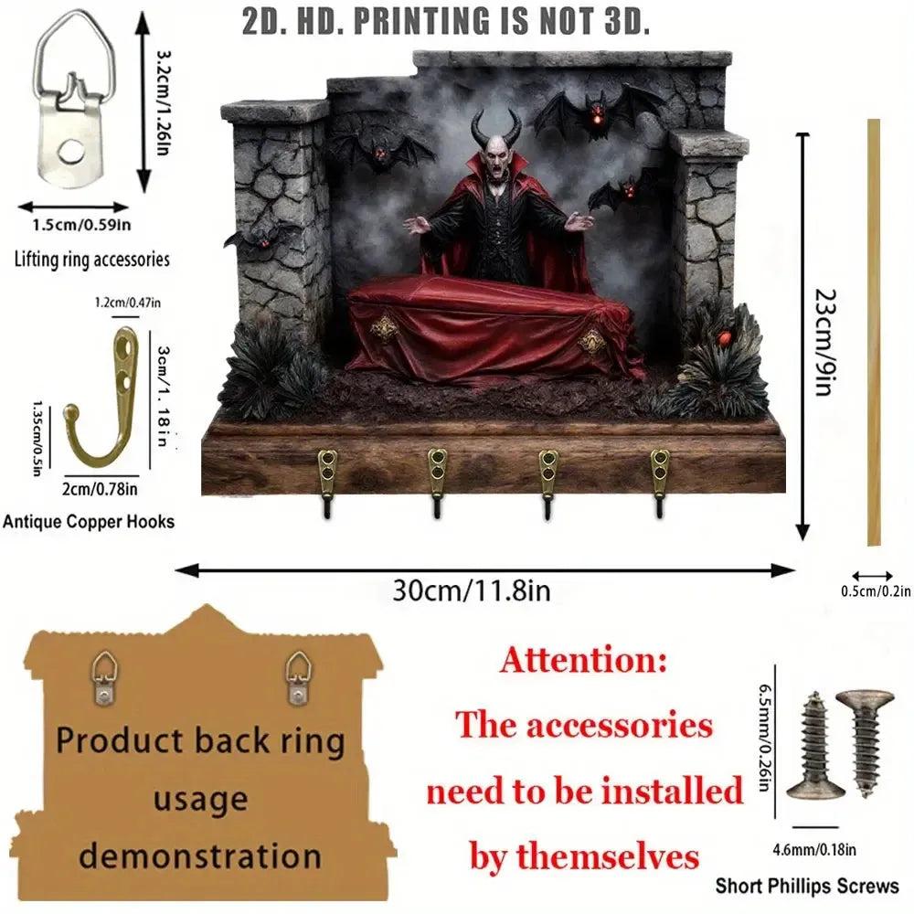 2D Gothic Vampire and Bat Key Holder 4 Metal Hooks - Halloween Wood Key Rack Home Decor-MoonChildWorld