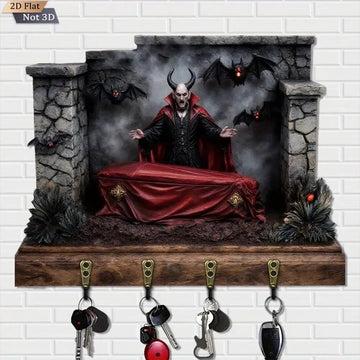 2D Gothic Vampire and Bat Key Holder 4 Metal Hooks - Halloween Wood Key Rack Home Decor-MoonChildWorld