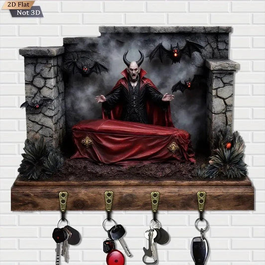 2D Gothic Vampire and Bat Key Holder 4 Metal Hooks - Halloween Wood Key Rack Home Decor-MoonChildWorld