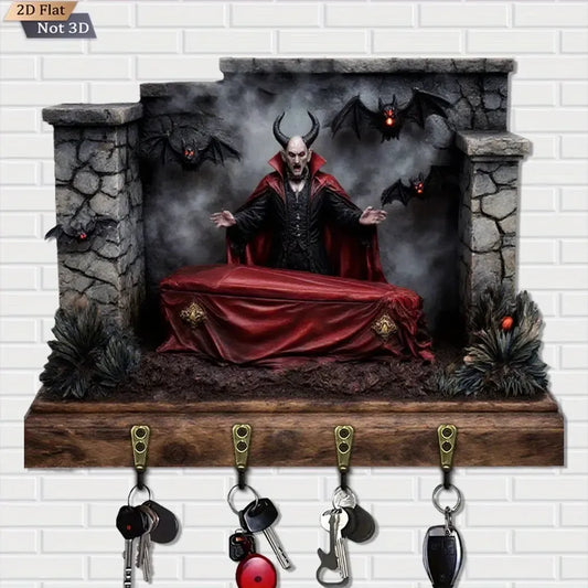 2D Gothic Vampire and Bat Key Holder 4 Metal Hooks - Halloween Wood Key Rack Home Decor-MoonChildWorld