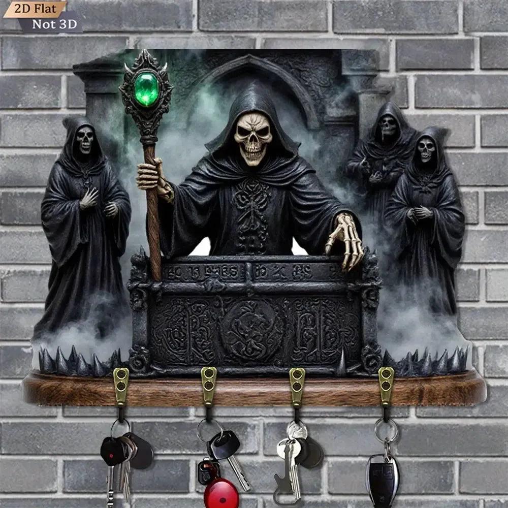 2D Grim Reaper Gothic Wooden Key Holder with Four Metal Hooks Witch Home Decor-MoonChildWorld