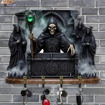 2D Grim Reaper Gothic Wooden Key Holder with Four Metal Hooks Witch Home Decor-MoonChildWorld