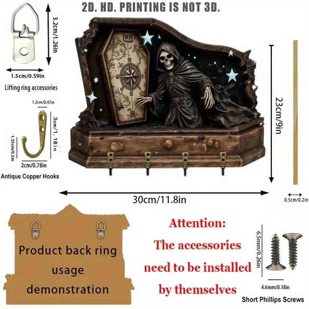 2D Grim Reaper Gothic Wooden Key Holder with Four Metal Hooks Witch Home Decor-MoonChildWorld