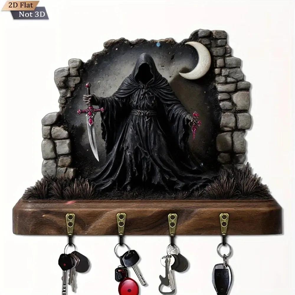 2D Grim Reaper Gothic Wooden Key Holder with Four Metal Hooks Witch Home Decor-MoonChildWorld