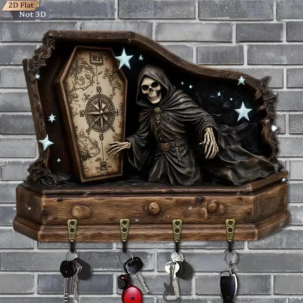 2D Grim Reaper Gothic Wooden Key Holder with Four Metal Hooks Witch Home Decor-MoonChildWorld