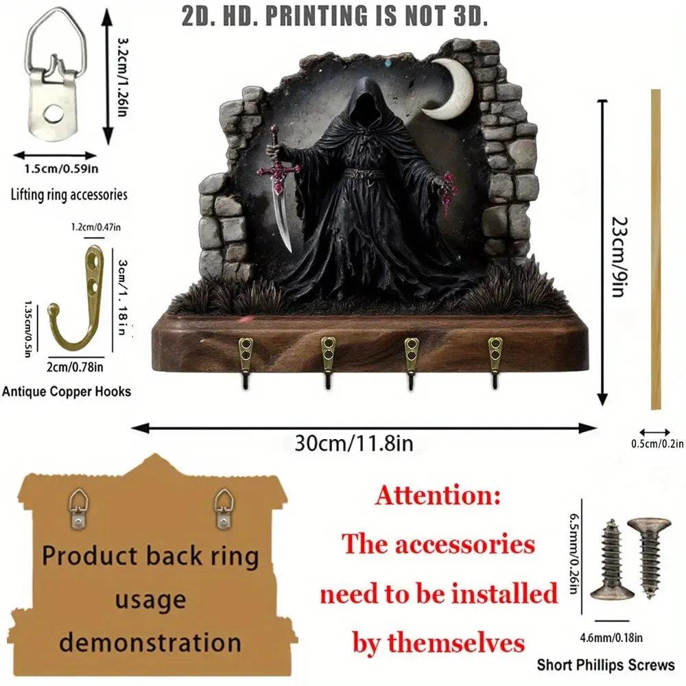 2D Grim Reaper Gothic Wooden Key Holder with Four Metal Hooks Witch Home Decor-MoonChildWorld